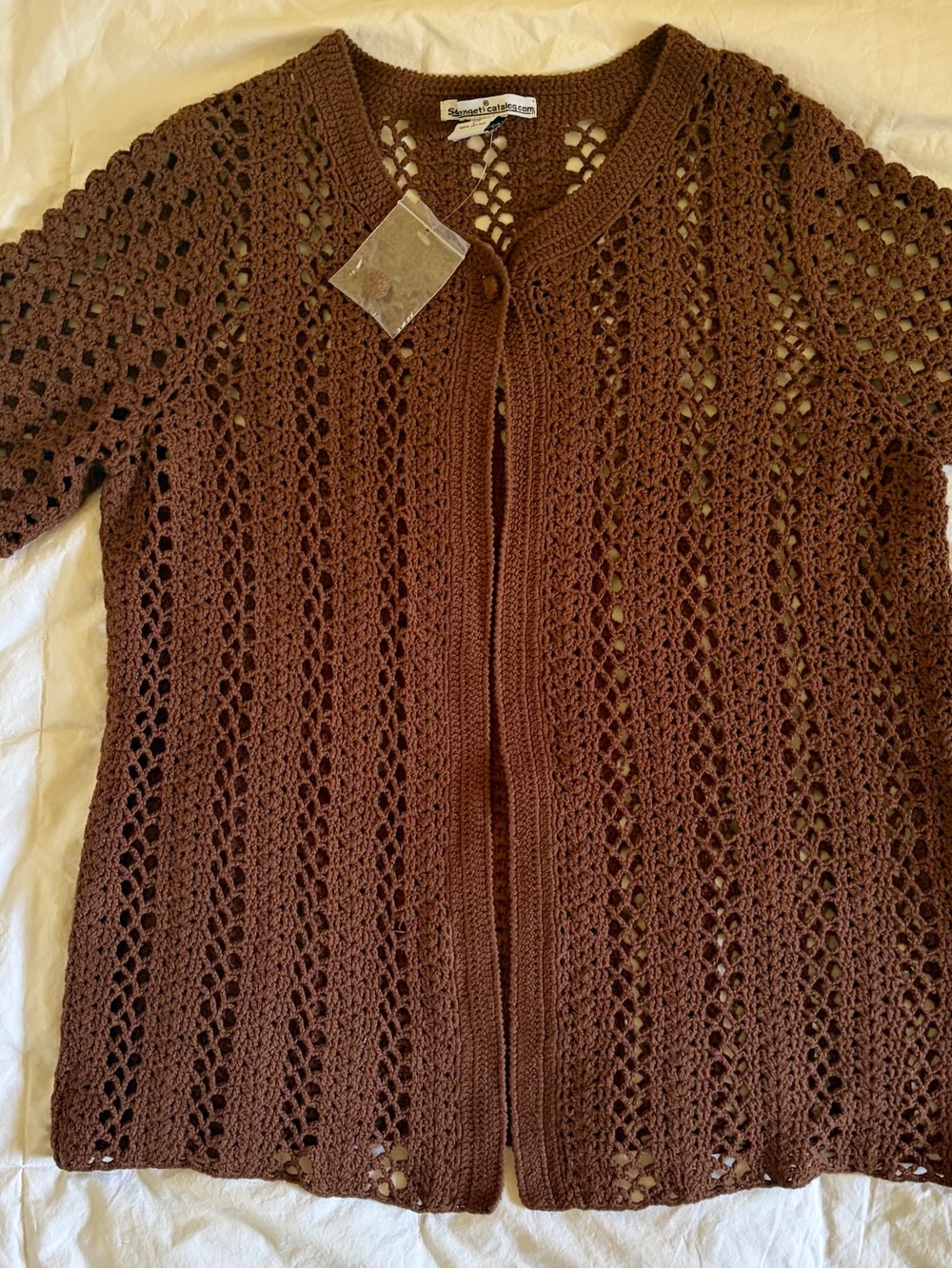 Serengeti Crochet Short-Sleeve Boho Cardigan - Brown Size L Cotton
